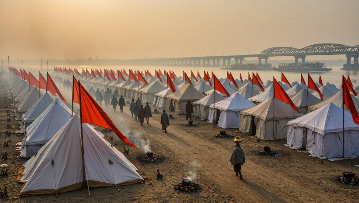 Rows of white pilgrim tents with saffron pennants on the Magh Mela sand flats at Prayagraj at sunrise