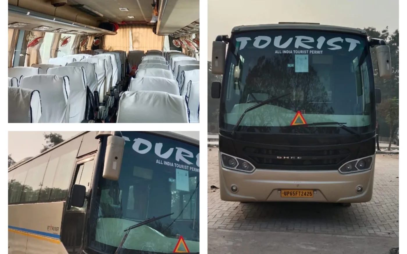 A 45-seater luxury coach of the kind used for school and college trips from Varanasi